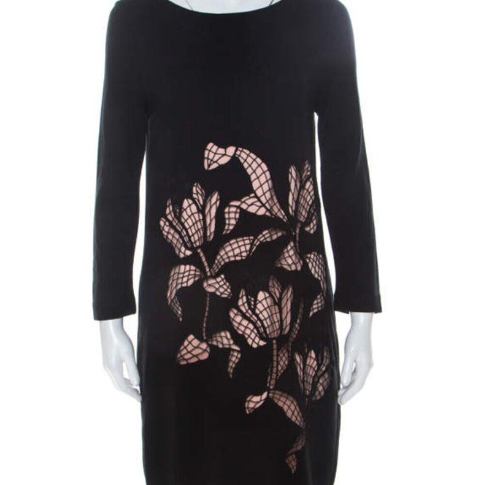 Escada Cut Out Overlay Elcami Midi Dress Women's Size 8 Black Floral Long Sleeve